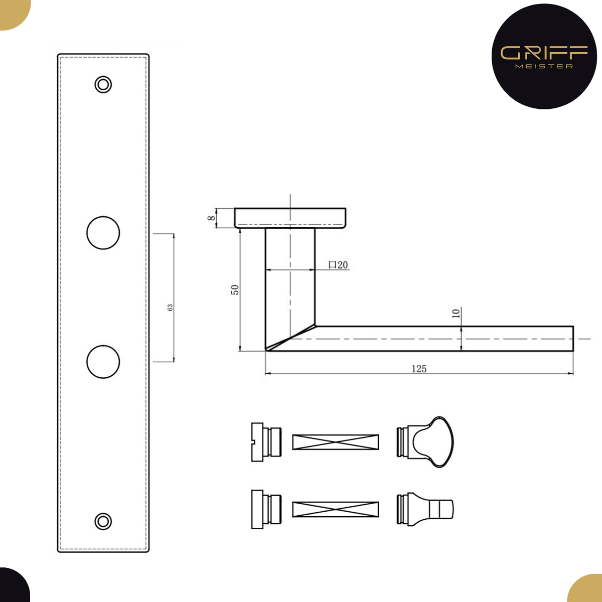 Griff Meister deurkruk Fortis Champagne PVD op schild WC63/8 toilet – detail en afmetingen