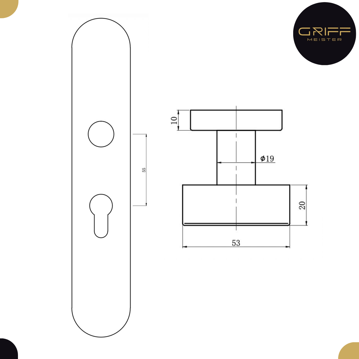 Griff Meister deurknop RVS op ovaal schild PC55 – detail en afmetingen