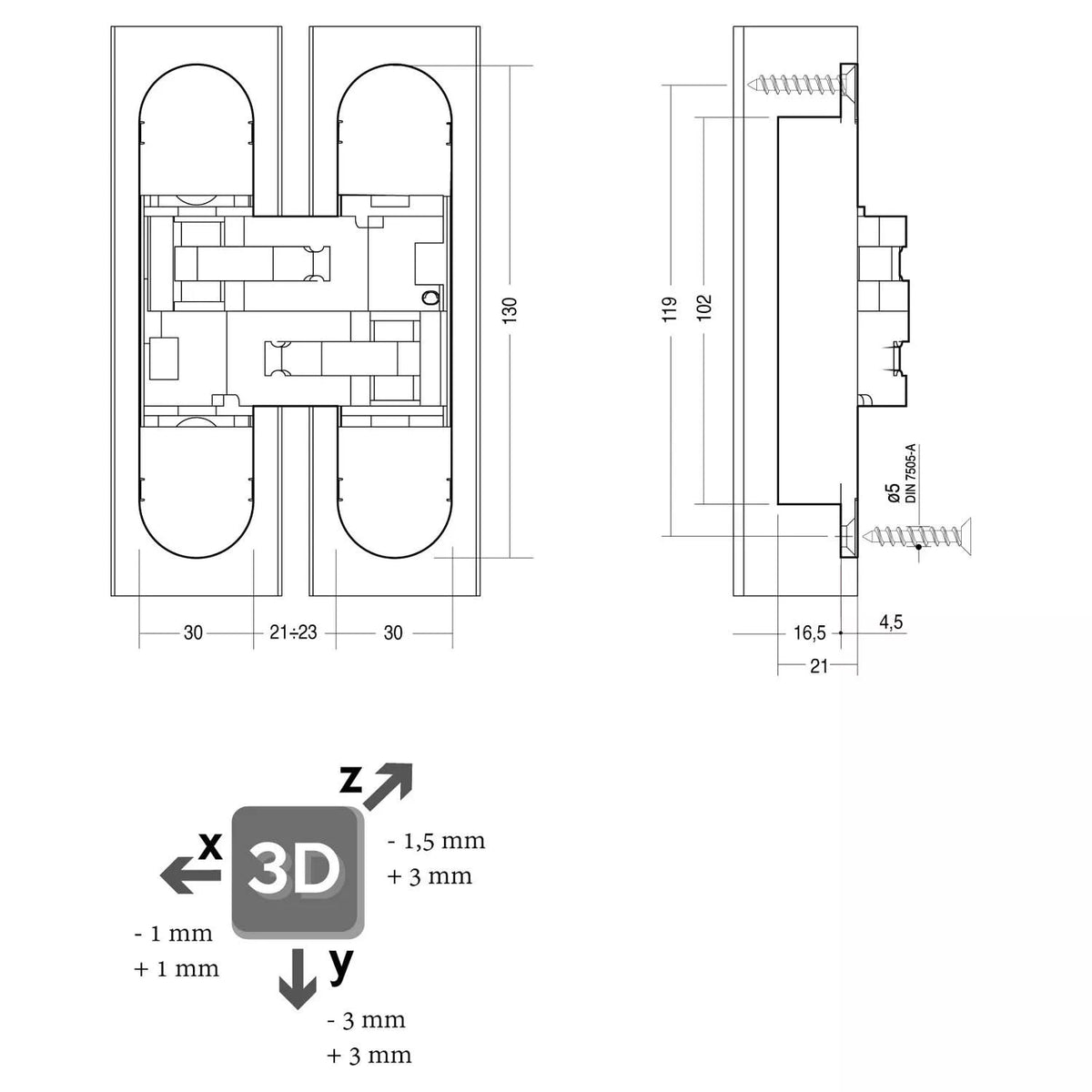 Intersteel onzichtbaar verdekt scharnier 130x30 mm zamak-nikkel – detail van de 3D-instelling