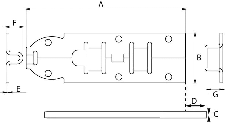 DX plaatschuif 60 mm verzinkt staal – technische tekening