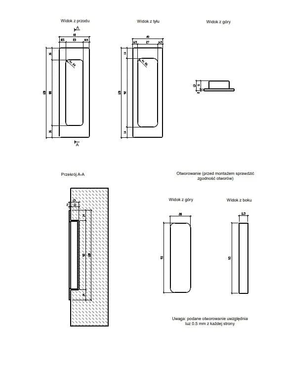 STERK schuifdeurkom 1716 koper PVD – technische tekening met maatvoering