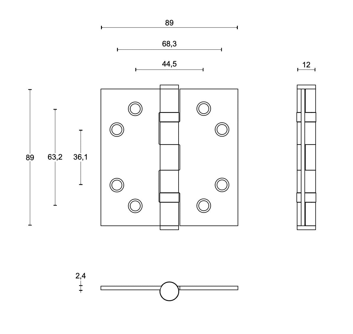 FORMANI kogellagerscharnier 76x76 mm technische lijntekening met maatvoering