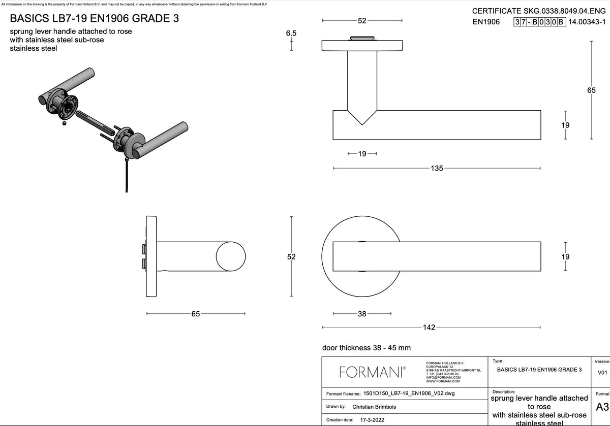 Formani Fenestra LB7-19 deurkruk – lijntekening met maatvoering