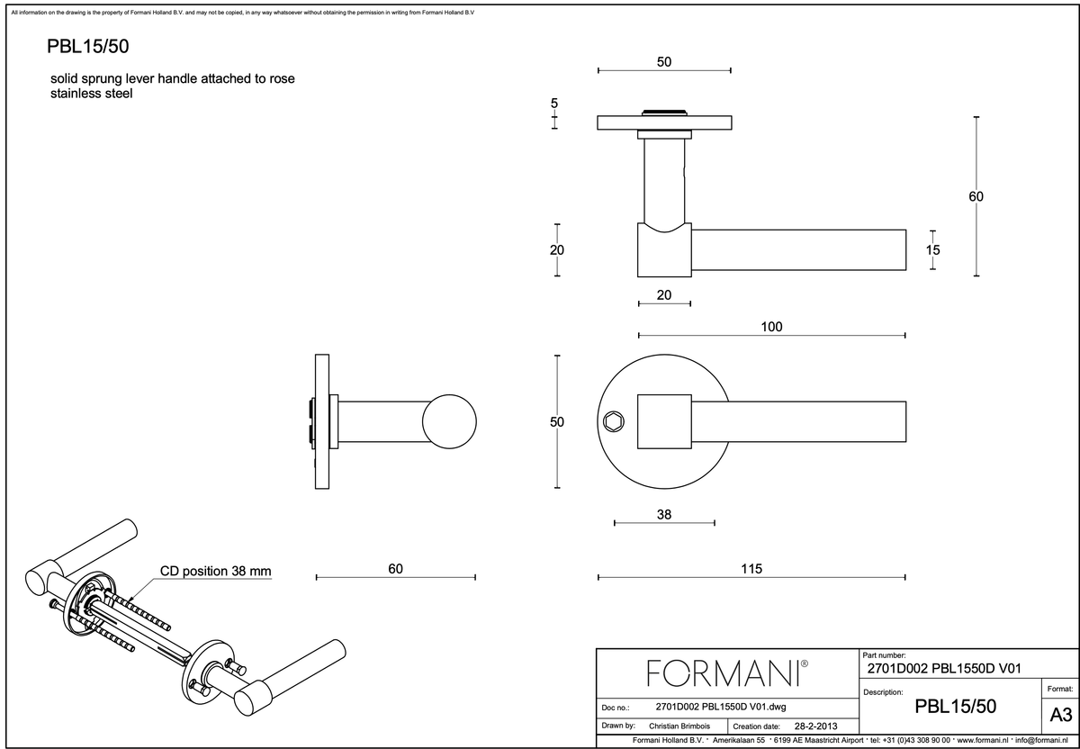 Formani PBL15/50 deurkruk – technische lijntekening