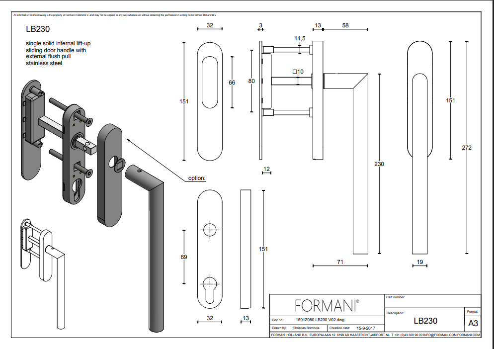 Formani BASICS LB230 hefschuifdeurbeslag technische maattekening
