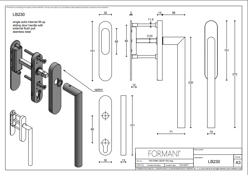 Formani BASICS LB230 hefschuifdeurbeslag technische maattekening