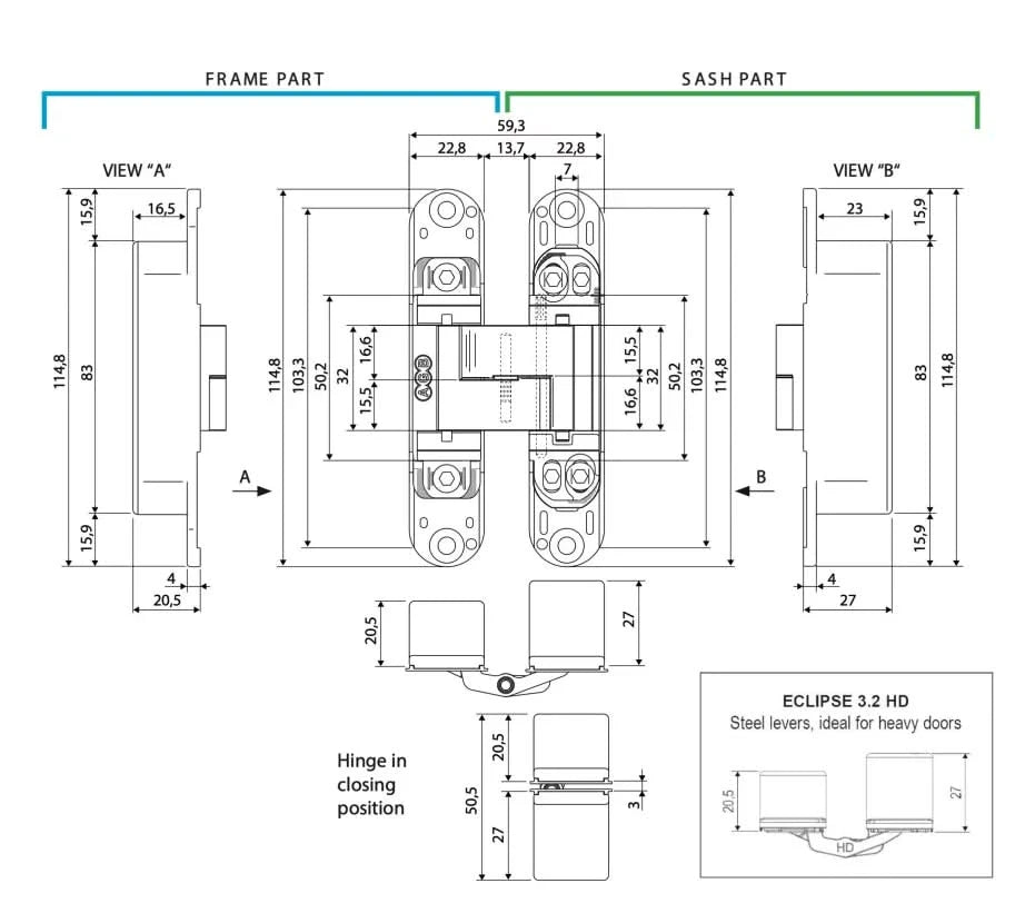 HDD Pro onzichtbaar scharnier Eclipse 3.2 AGB zwart – werktekening met maten