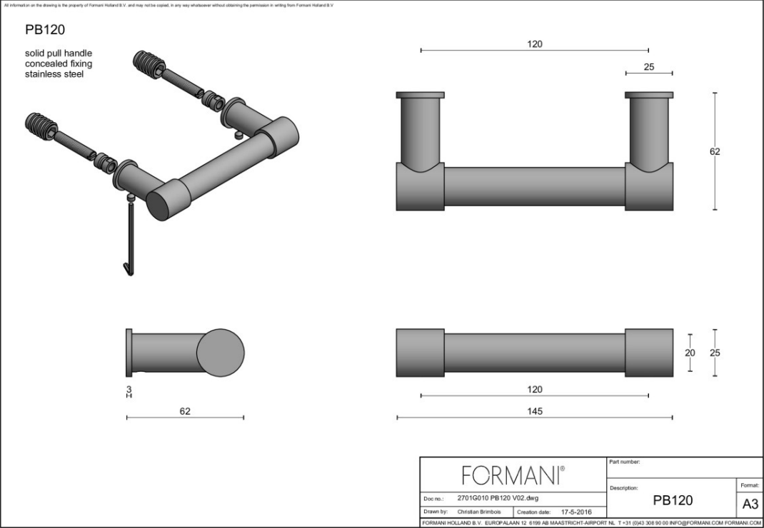 Formani PB120 massieve raamgreep mat zwart, detail