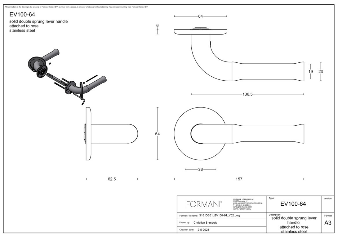 Formani Edward van Vliet EV100/64 deurkruk PVD mat goud – detail