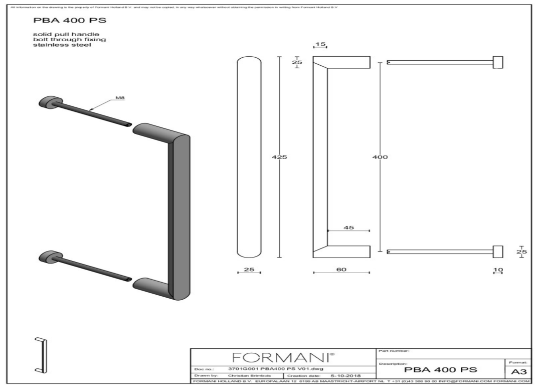 FORMANI PBA400 PS deurgreep mat roestvast staal detail