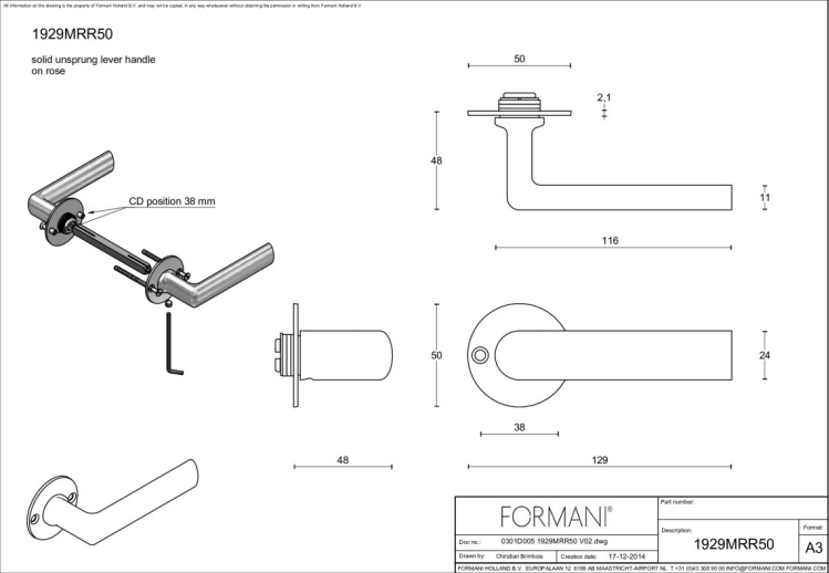 Formani 1929MRR50 deurkruk glans nikkel op rond rozet – detail