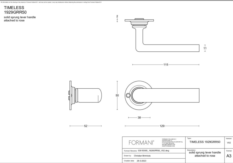 Formani 1929GRR50 deurkruk messing ongelakt op rond rozet – detail