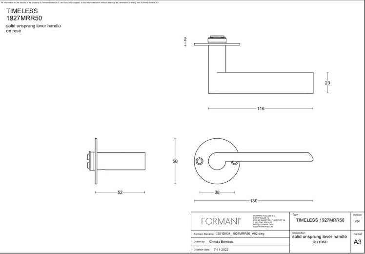 Formani 1927MRR50 deurkruk messing ongelakt op rond rozet – detail