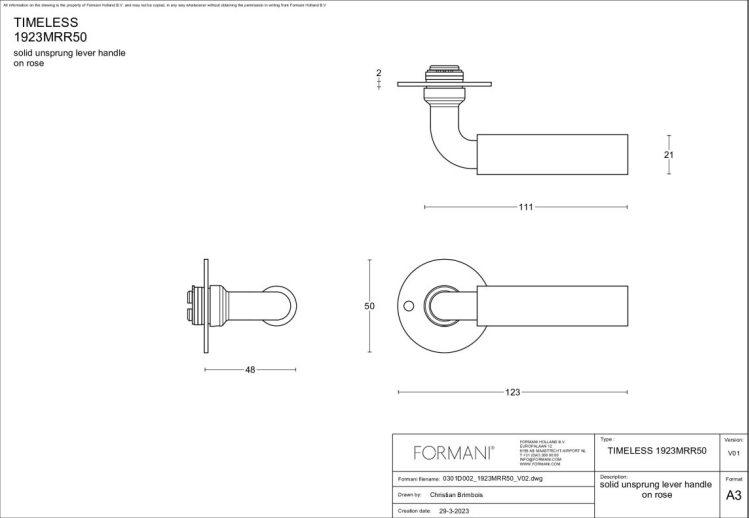 Formani 1923MRR50 deurkruk messing ongelakt op rond rozet – detail