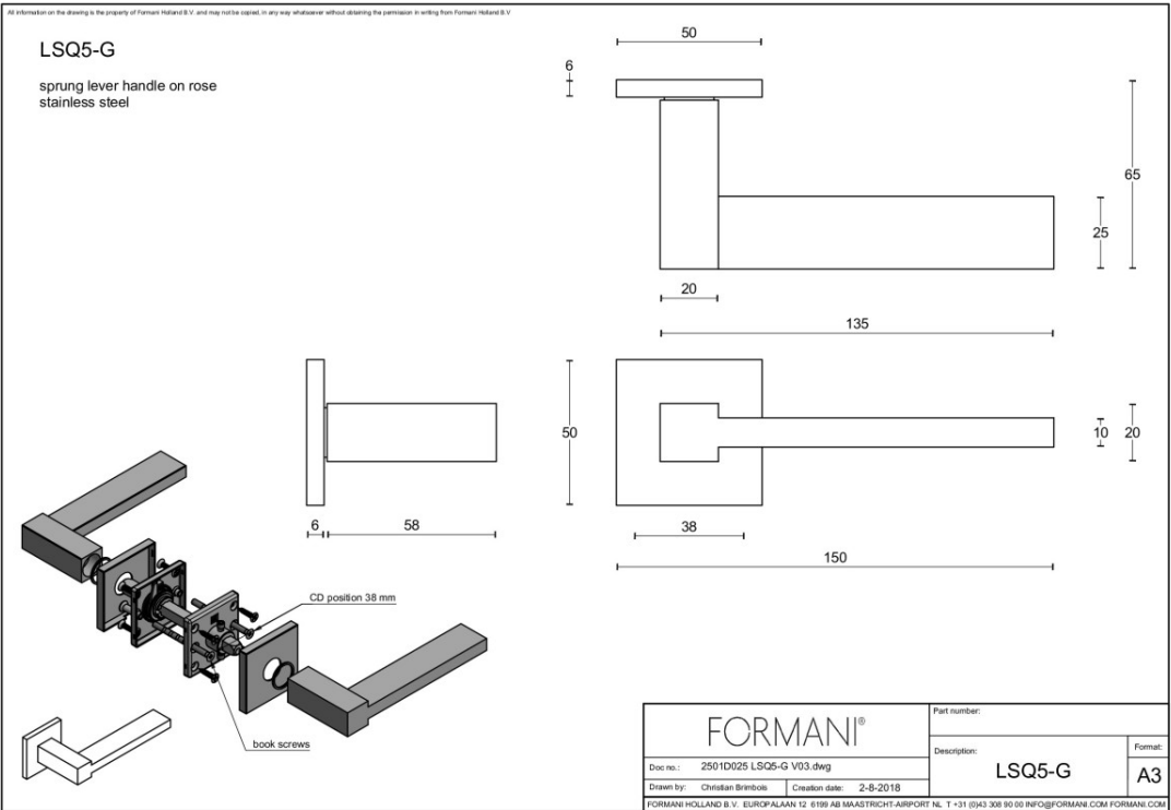Formani LSQ5-G deurkruk mat roestvast staal – detail