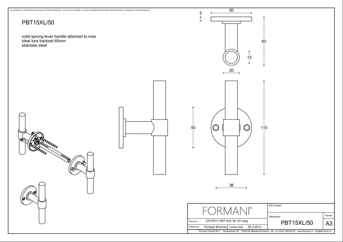 Formani PBT15XL/50 deurkruk mat roestvast staal – detail