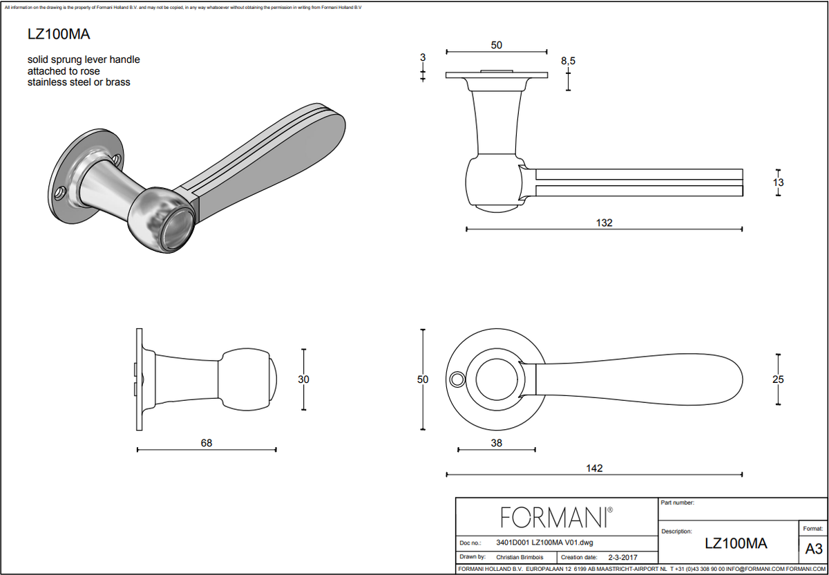 Formani LZ100MA-G deurkruk messing ongelakt/Carrara marmer detail