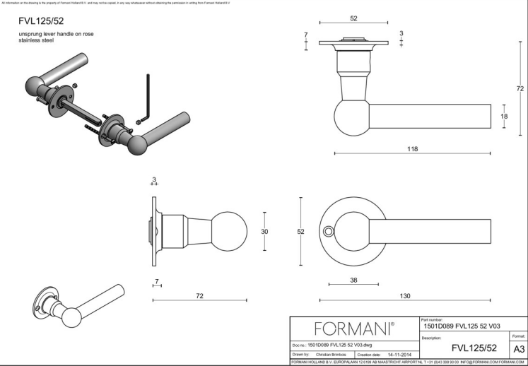 Formani FVL125/52 deurkruk mat roestvast staal - detailfoto