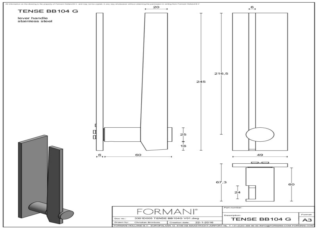 Formani BB104-G deurkruk mat roestvast staal – detail