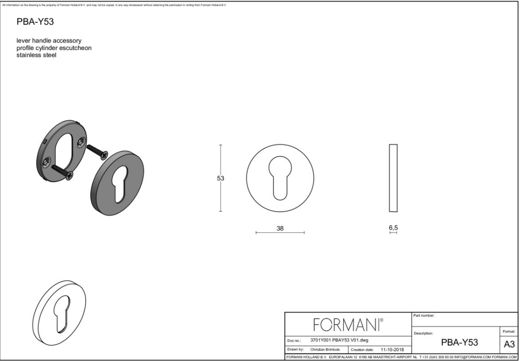 Formani PBAY53 cilinderrozet mat roestvast staal – detail