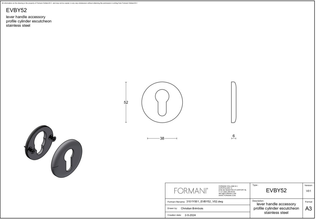 Formani cilinderrozet EVBY52 PVD mat goud – detail
