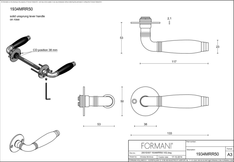 Formani 1934MRR50 deurkruk messing ongelakt (detail)