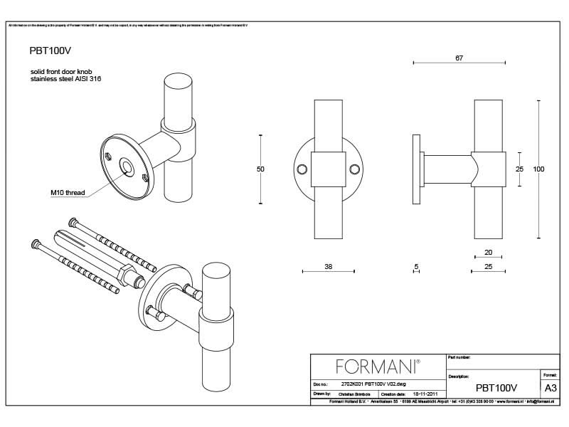 Formani voordeurknop F507 vast op rozet in messing ongelakt – detail