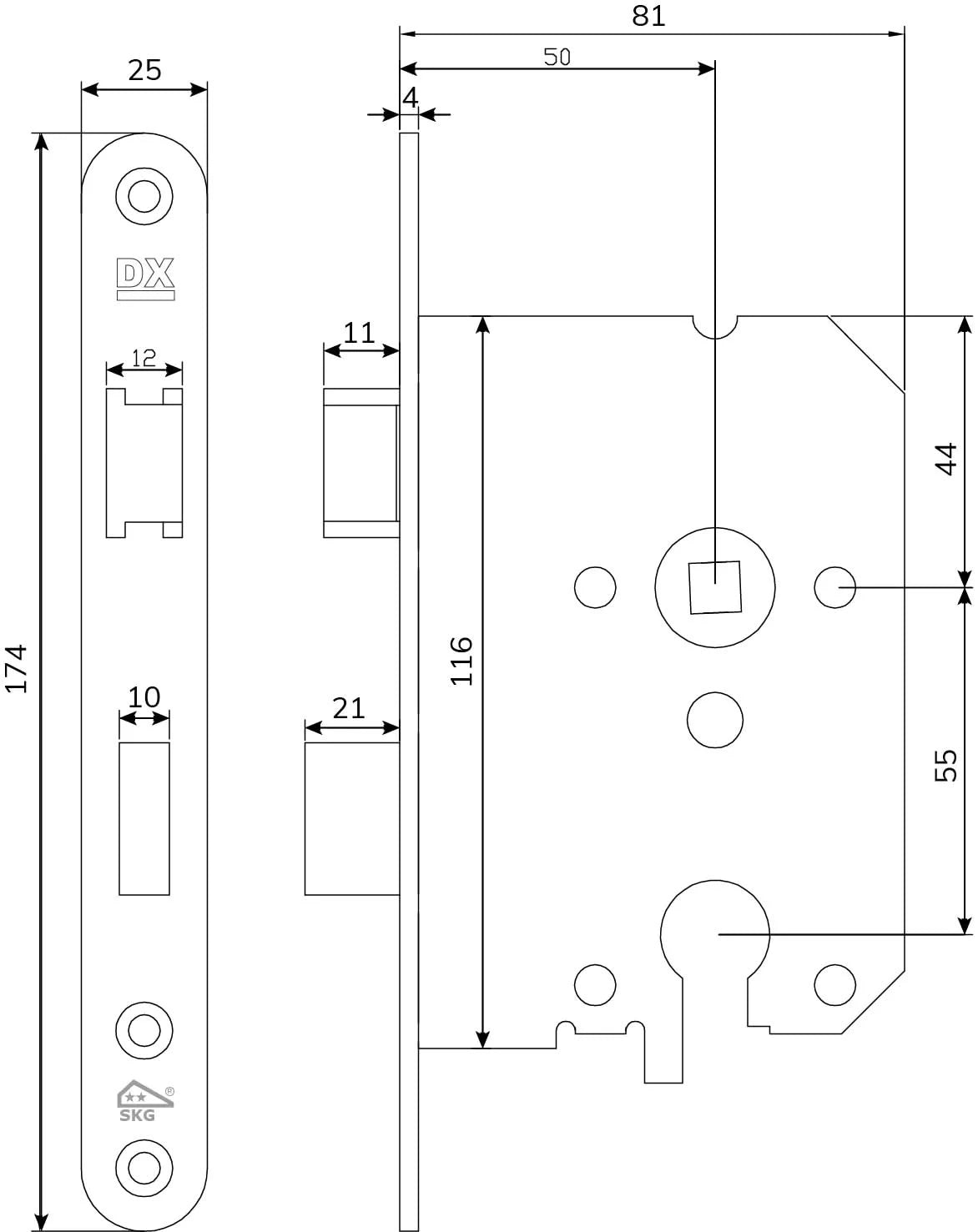 Dulimex veiligheidsinsteekslot PC55 ronde voorplaat maattekening