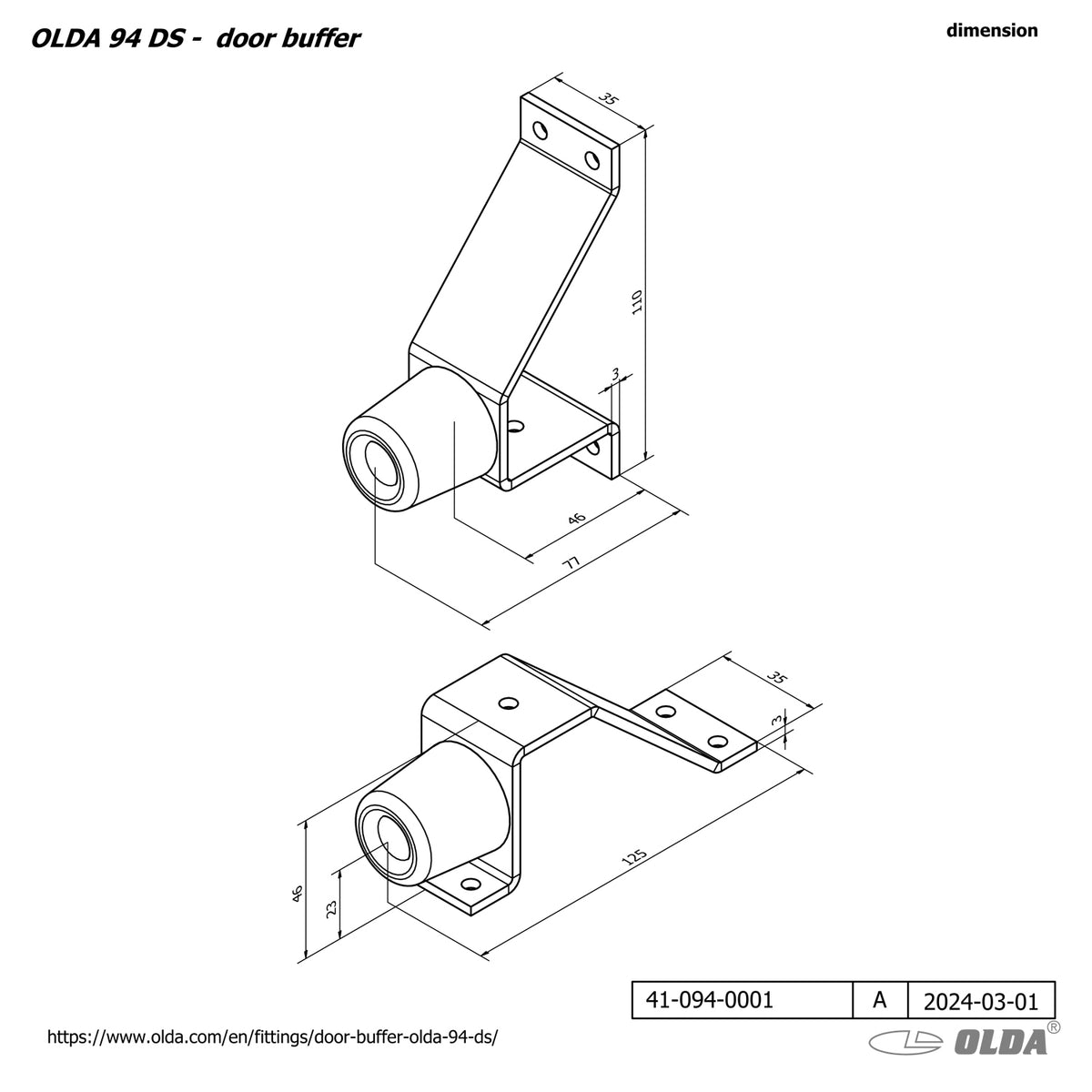 Dulimex deurstopper 94 DS wit staal, technische tekening met maatvoering