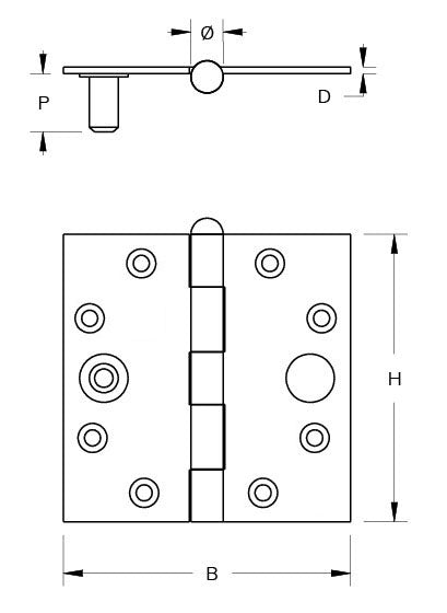 Dulimex scharnier 76x76 mm verzinkt rechte hoeken - technische tekening met maatvoering
