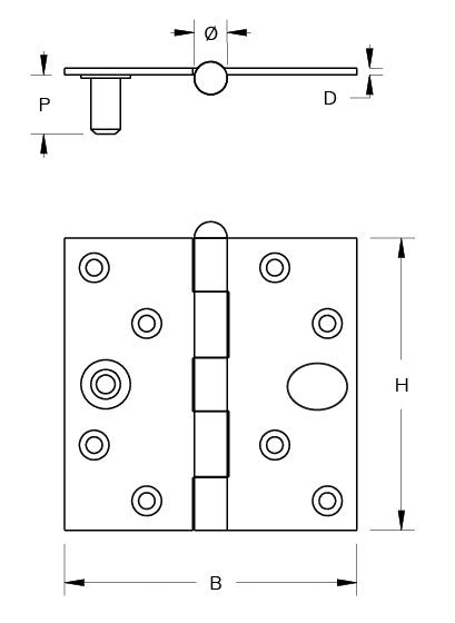 Dulimex scharnier 89x89 mm verzinkt rechte hoeken - technische tekening met maatvoering