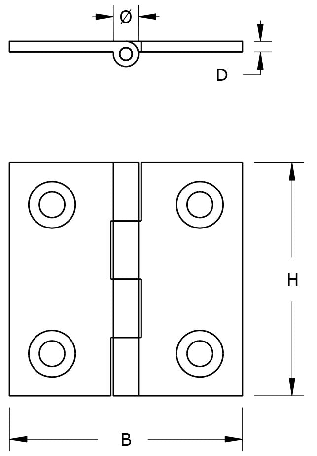 Dulimex smalscharnier massief messing 30x30 mm - technische tekening met maatvoering