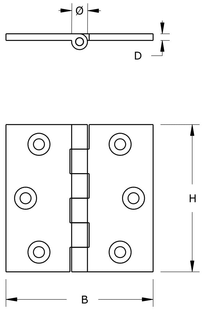 Dulimex smalscharnier massief messing 50x40 mm - technische tekening met maatvoering