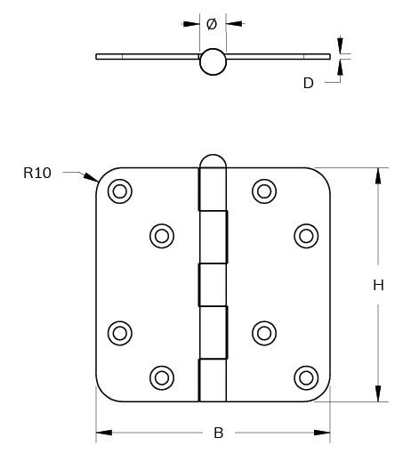 DX scharnier 89x89 mm verzinkt - technische tekening met maatvoering
