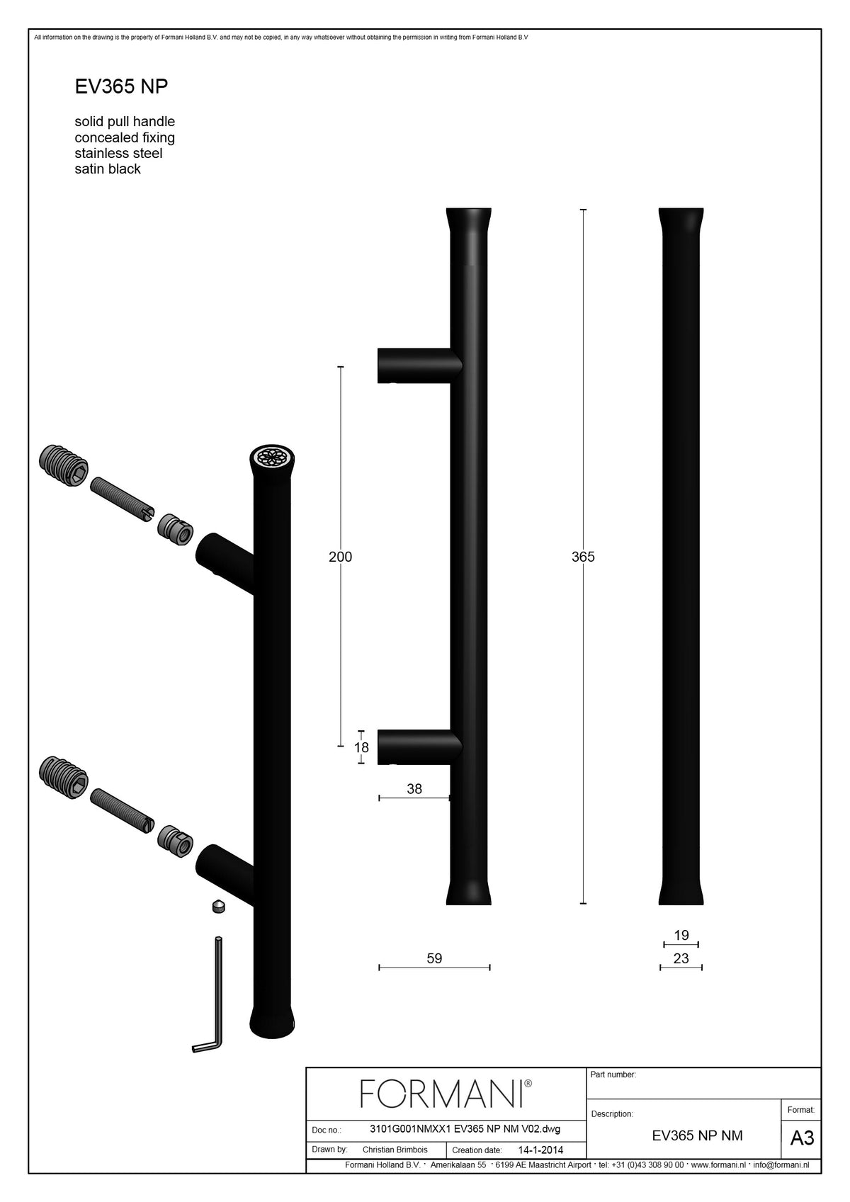 Formani EV365ZL deurgreep PVD mat goud, detail