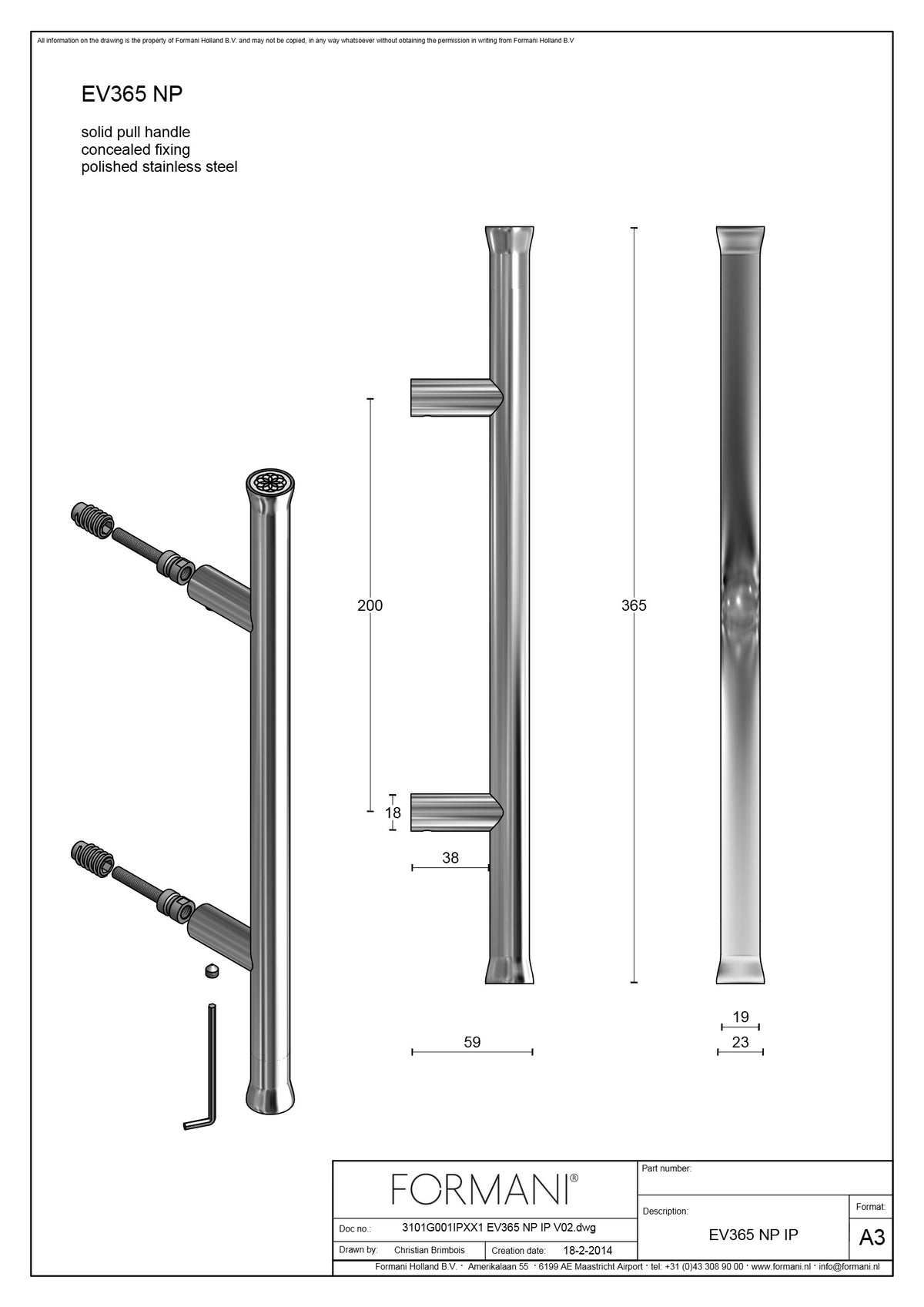 Formani EV365 deurgreep PVD mat goud, detail