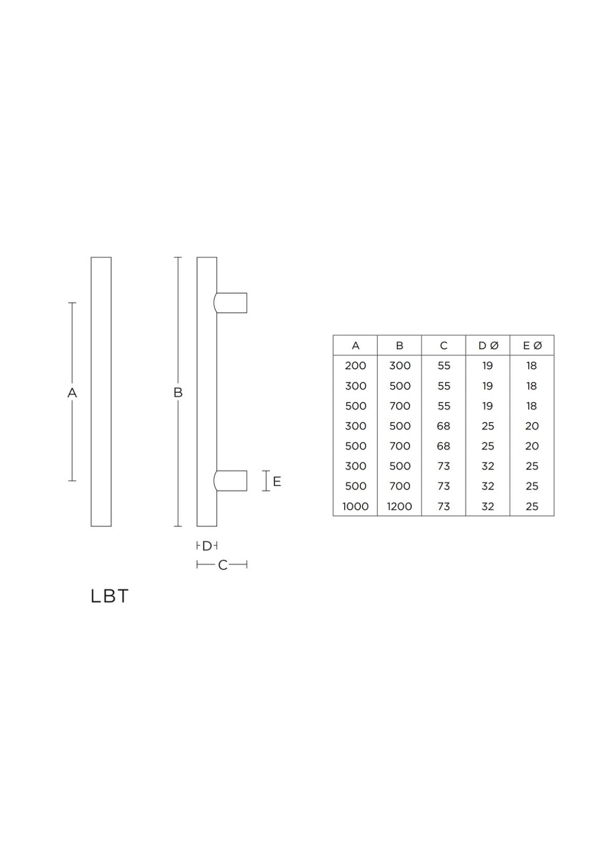 Formani LBT25300NP deurgreep technische maattekening met afmetingen
