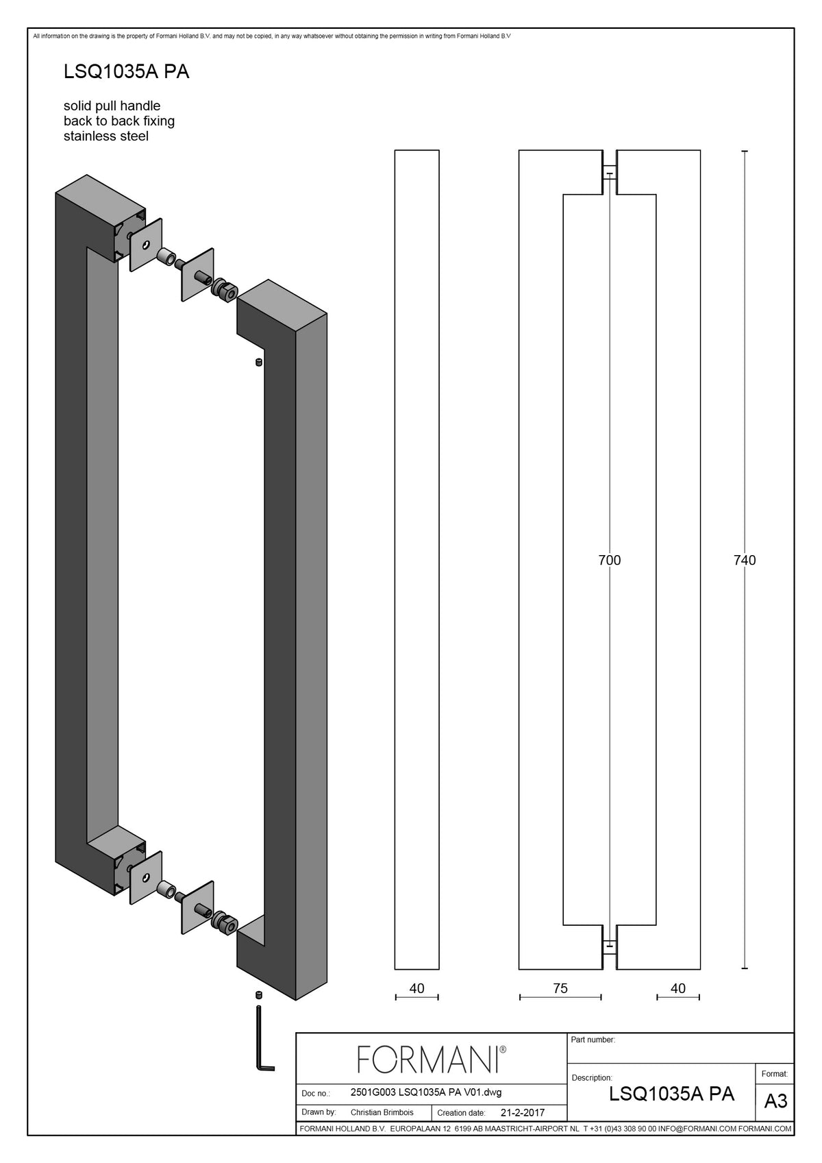 Formani LSQ1035A PA voordeurgreep mat zwart detail