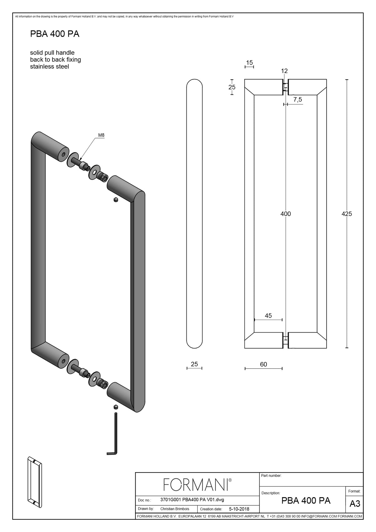 FORMANI PBA400 PA deurgreep technische maattekening