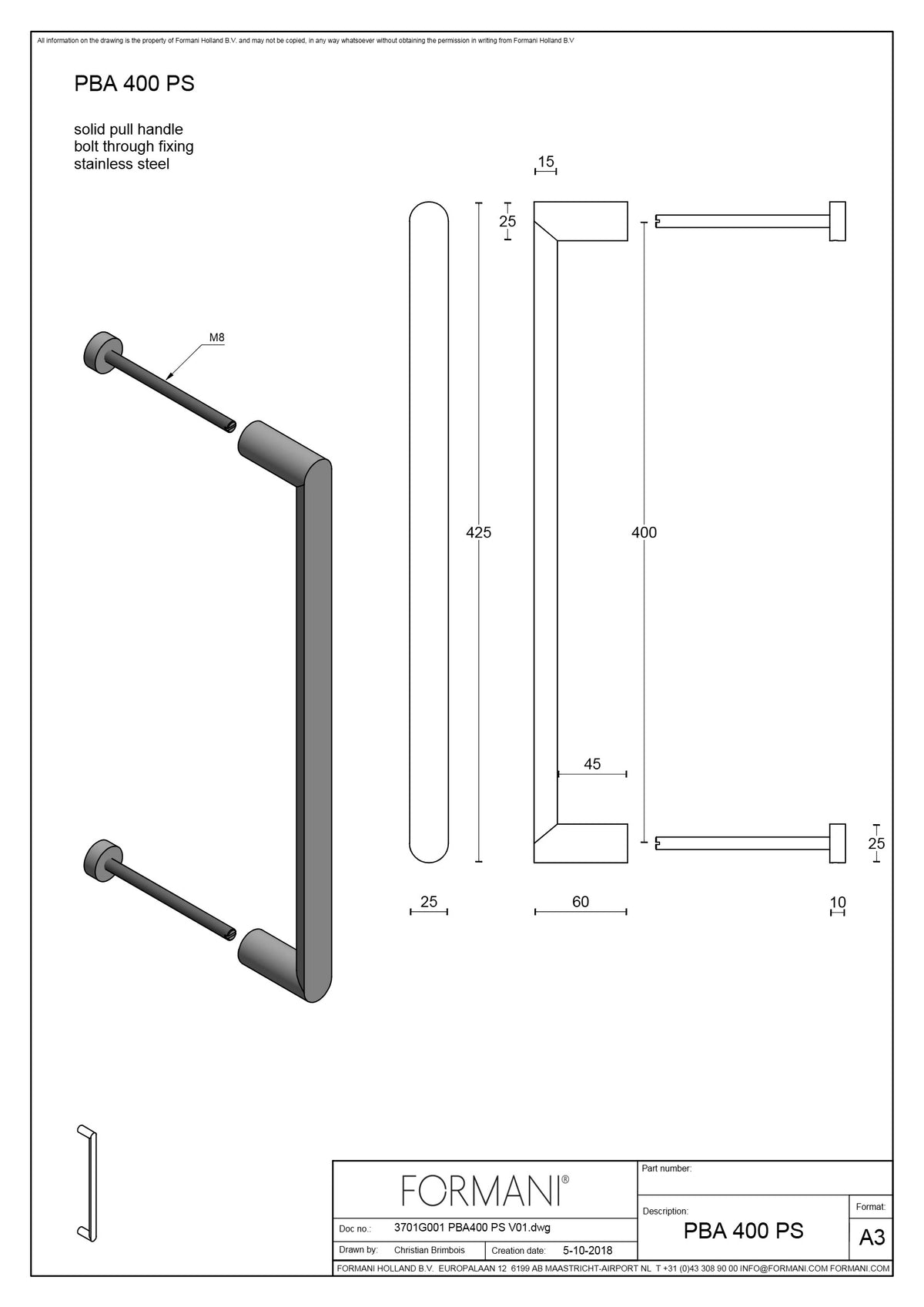 FORMANI PBA400 PS deurgreep technische maattekening