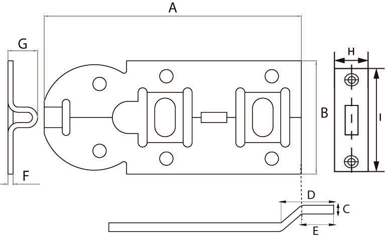 DX rolschuif met bocht 120 mm verzinkt, maattekening met afmetingen