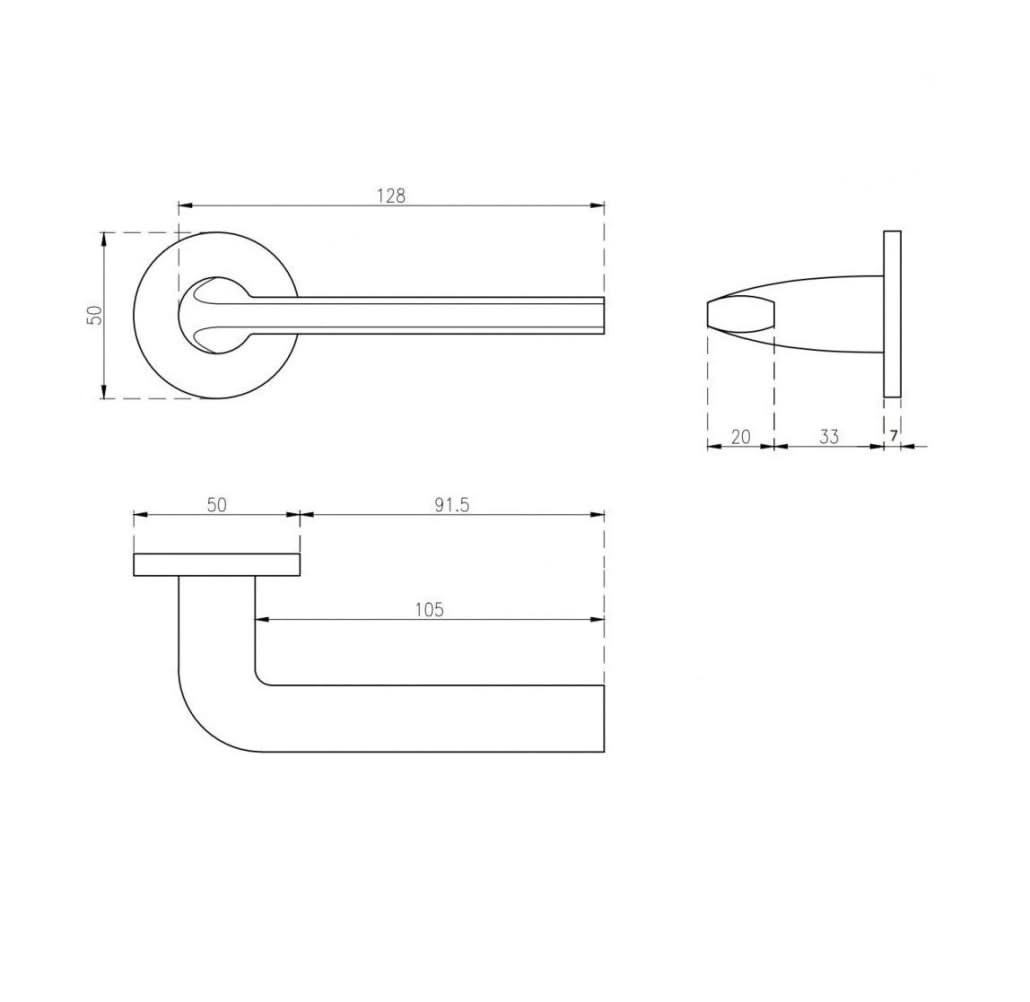 Aprile Oleandro massieve deurkruk technische maattekening met rozet Ø 52 mm en doornmaat 8x8 mm