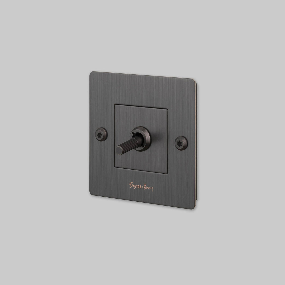 Buster + Punch lichtschakelaar tuimelschakelaar linear smoked bronze met logo vooraanzicht