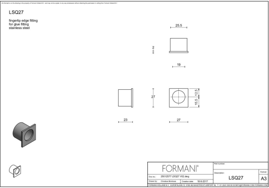 Formani schuifdeurkom LSQ27 27 mm in PVD mat zwart, vooraanzicht