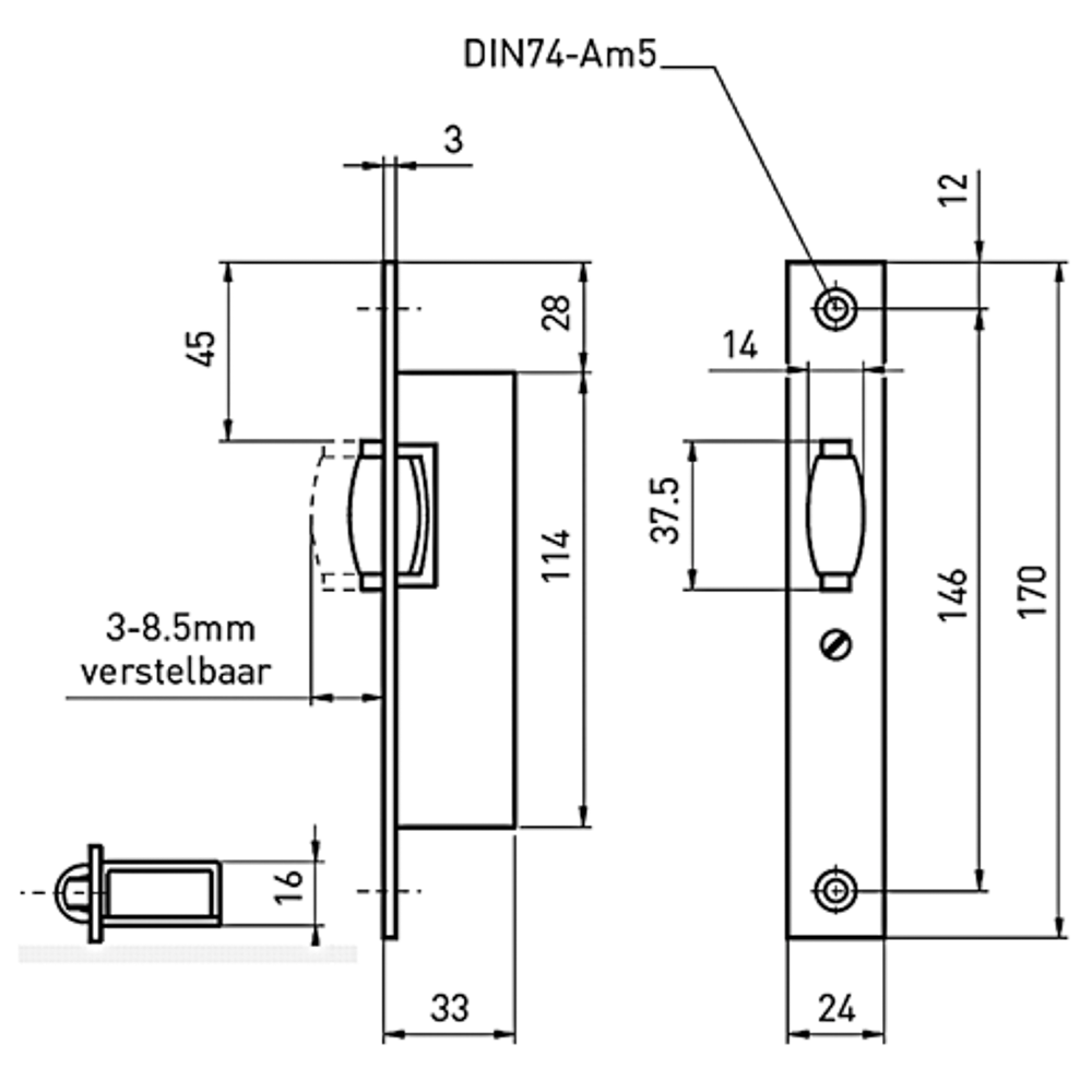 Mauer 2185 pendeldeurslot rolslot – zijaanzicht