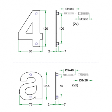 Artitec huiscijfer 1 zwart 120 mm maattekening met afmetingen