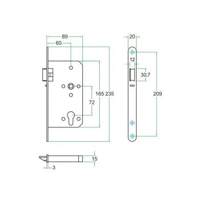 Artitec Centraalslot Zwart PC72 mm KL3 maattekening