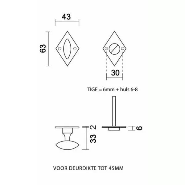 HDD Pro WC-garnituur ruit in ijzer met olive afwerking detail