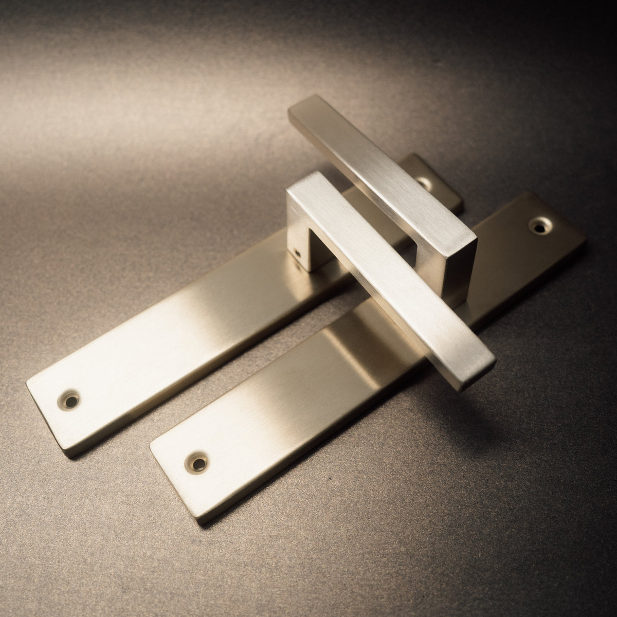 Griff Meister Deurkruk Fortis Champagne PVD Op schild Blind – sfeerfoto in interieur