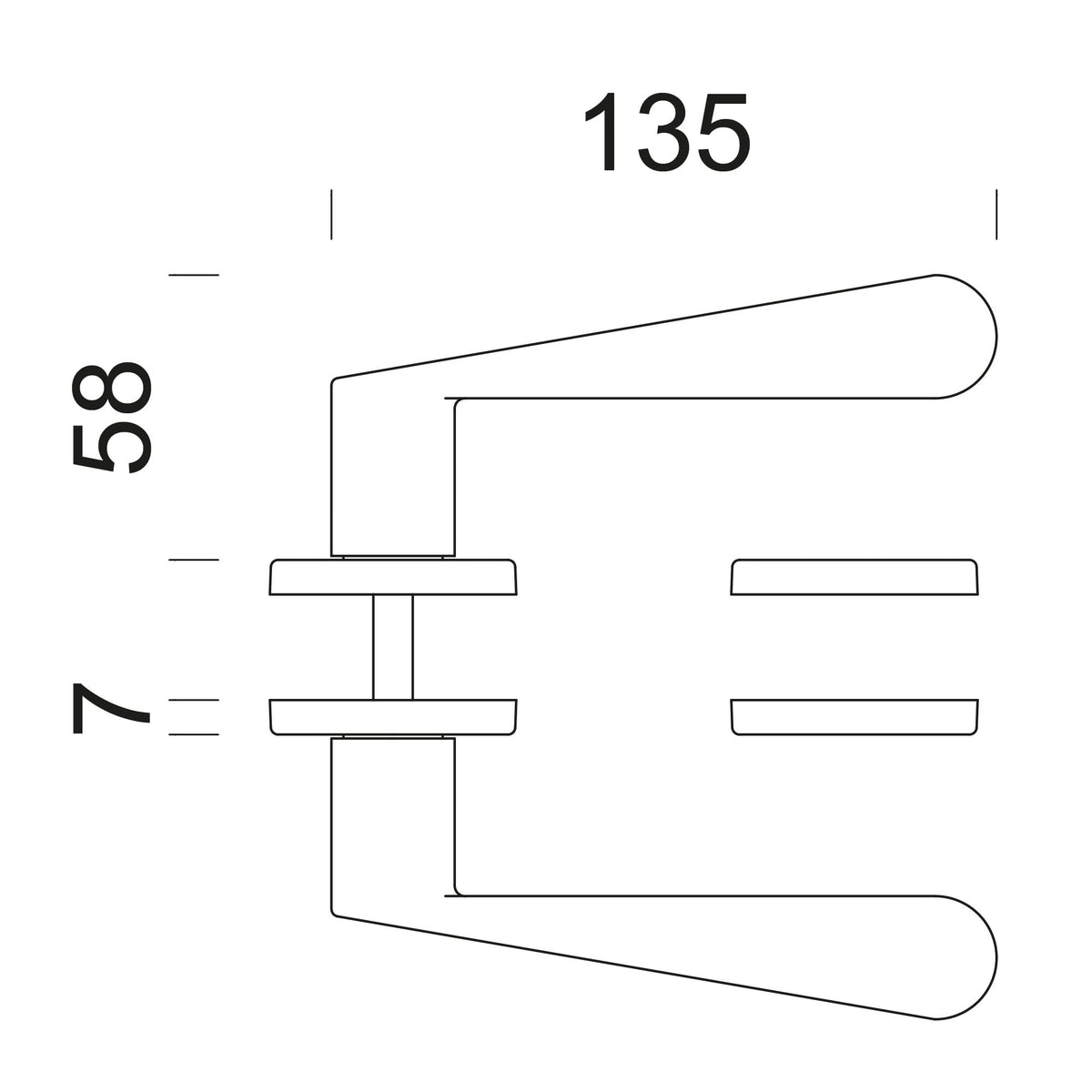 Technische tekening DND deurkruk Iki – montage en deurdikte 38-45 mm